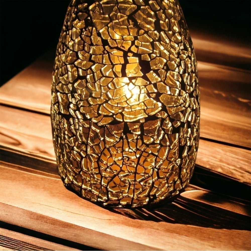 Amber Mosaic Glass Candle Holder Mirror Broken Glass 3.75" Tea Light Lantern EXC
